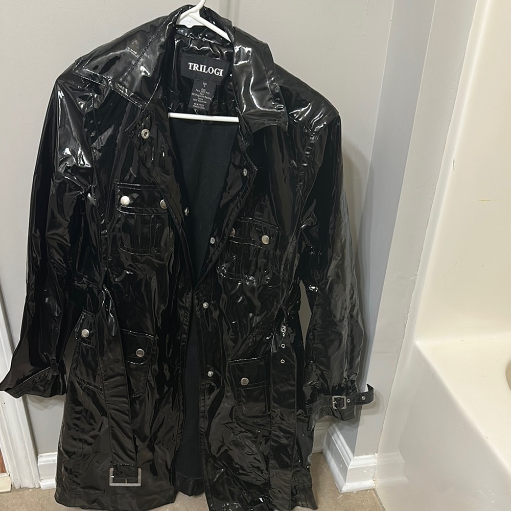 Trilogi Black Shiny Trench Coat